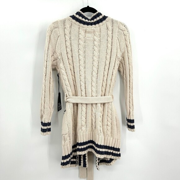 NWT CHASER Cream Navy Blue Chunky Cable Knit Waist Tie Cardigan Sweater Small - Picture 4 of 9